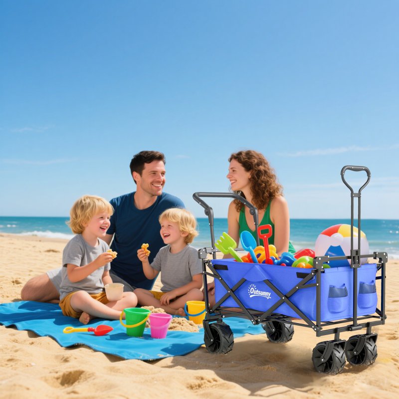 Outsunny 120L Festival Trolley on Wheels, Folding Camping Trolley Cart with Removable Canopy, All-Terrain Wheels, Adjustable Handle and Side Pockets for Garden Beach Fishing Shopping, Blue