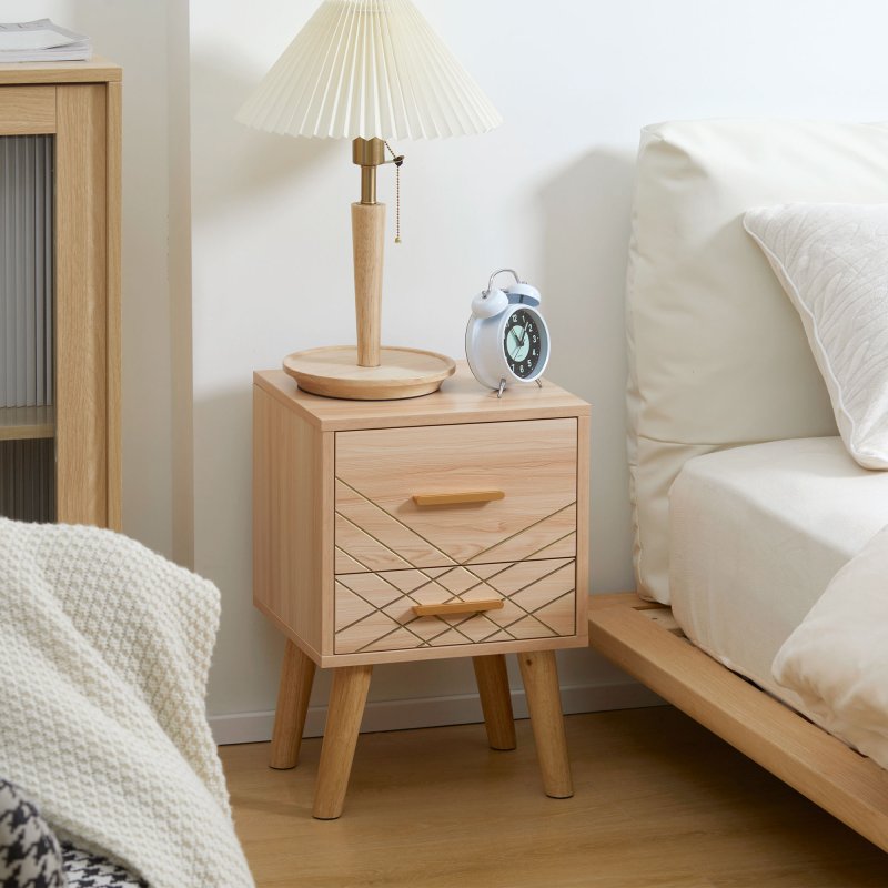 HOMCOM Bedside Table, Bedside Cabinet with 2 Drawers, Nordic Side Table with Wood Legs, Nightstand for Bedroom, Natural