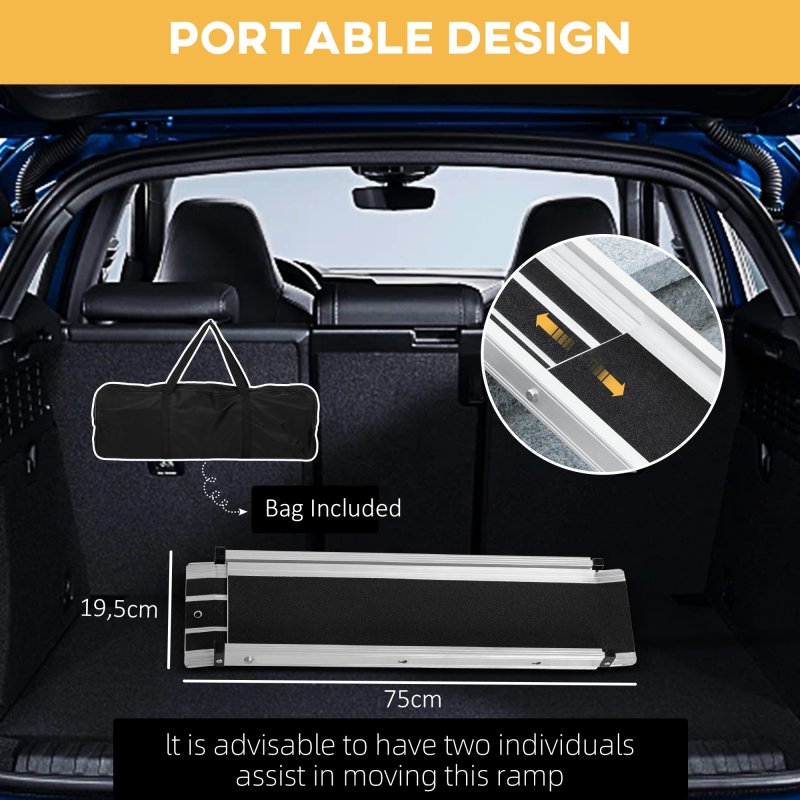 HOMCOM 2PCS Telescopic Wheelchair Ramps, 2.5-4FT/ 75-122cm, 270kg, Folding Aluminium Door Threshold Ramps for Home, Mobility Scooters, Doorways, Steps, Stairs, with Non-slip Surface, Carrying Bag