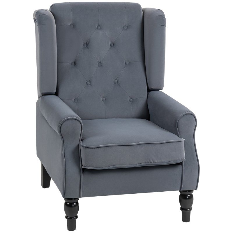 HOMCOM Retro Accent Chair, Velvet Wingback Armchair with Wood Frame Button Tufted Design for Living Room Bedroom, Grey