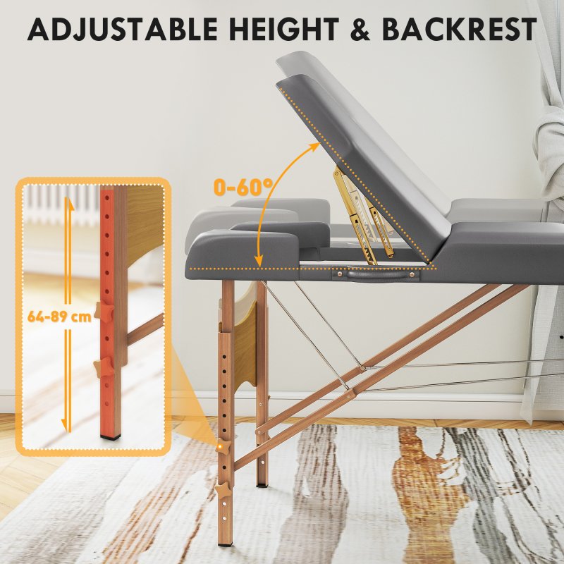 HOMCOM Portable Massage Table, 3 Section Adjustable Beauty Bed, Wooden Foldable Massage Bed with Face Cradle, Padded Armrests for Spa, Lash, Tattoo, Grey