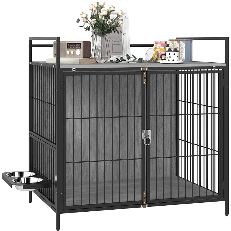 PawHut Dog Crate Furniture with 2 Rotatable Bowls, Dog Crate End Table with 2 Anti-Escape Doors, Storage Shelf, for Medium Dogs, 80 x 56 x 76.5 cm, Grey