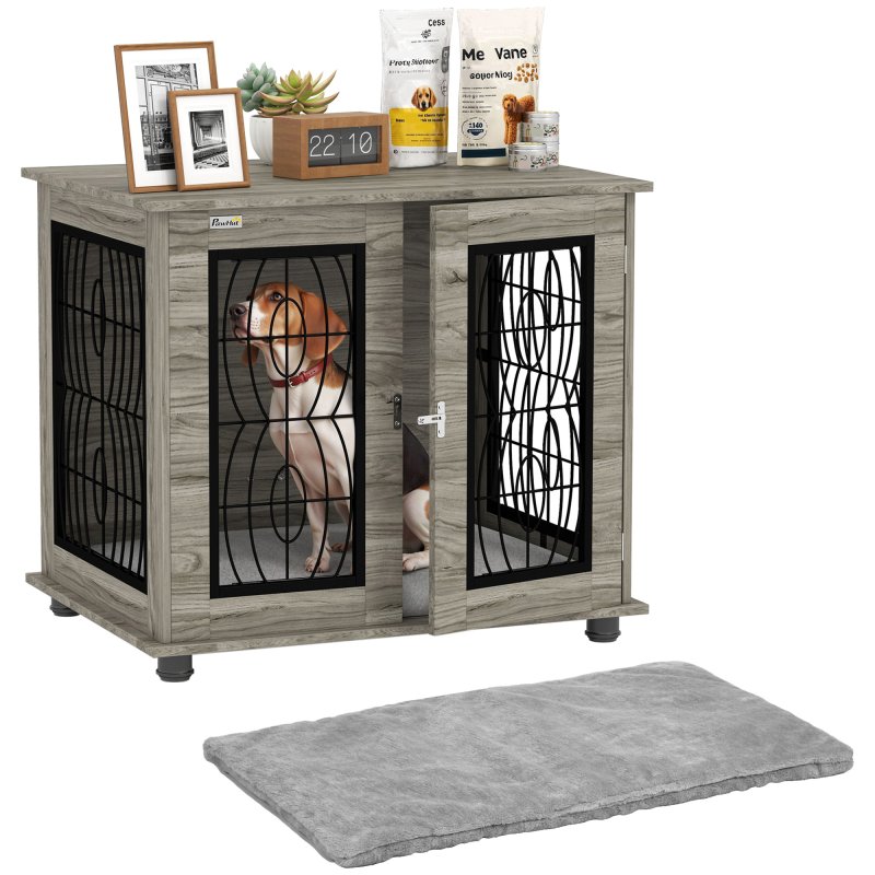 PawHut Dog Crate Furniture, Dog Cage with Soft Washable Cushion, Furniture-Style Pet Kennel Indoor House End Side Table for Small Medium Breeds, 80 x 56 x 63 cm, Grey