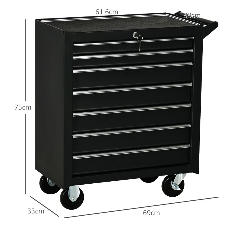DURHAND 7-Drawer Rolling Tool Chest on Wheels, Lockable Tool Cabinet with Side Handle, Metal Tool Box Trolley for Garage, Workshop, Matte Black