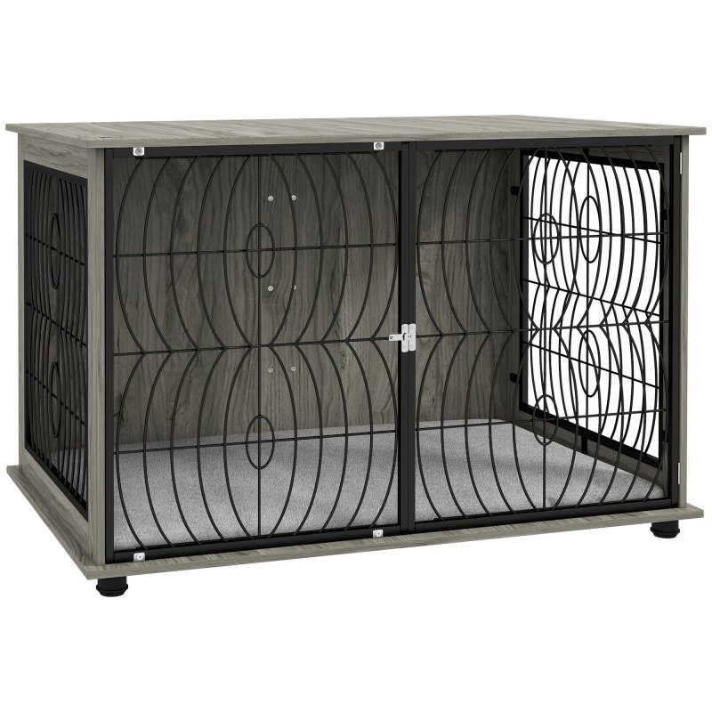 PawHut Dog Crate Furniture, Dog Cage End Table with Large Top, Soft Washable Cushion, Lockable Front Door, Wire Mesh Ventilation, Indoor Pet Crate for Extra Large Sized, 118 x 75 x 82cm - Grey