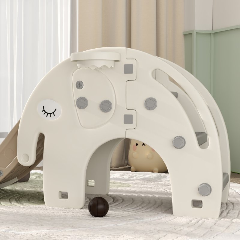 AIYAPLAY Kids Slide, 3 in 1 Toddler Slide with Basketball Hoop, Climber, Elephant-Themed Indoor Slide for 1-3 Years, Cream White
