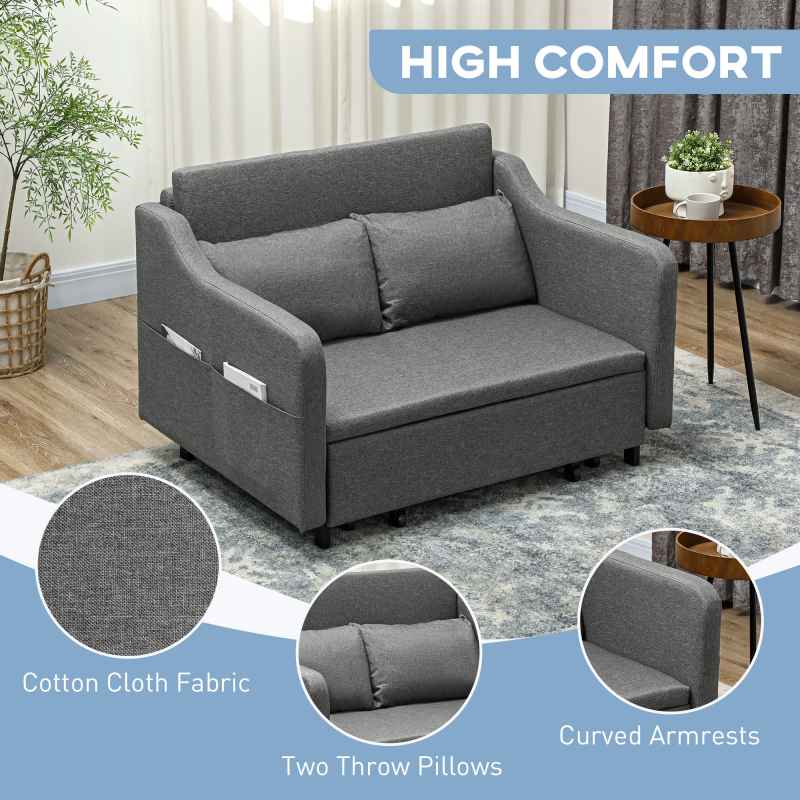 HOMCOM Pull Out Double Sofa Bed, Fabric 2 Seater Sofa Couch with Pillows and Side Pockets, Convertible Sleeper for Living Room, Grey