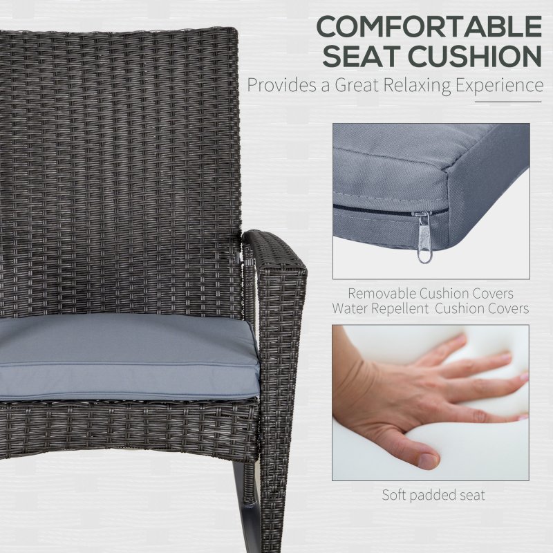 Outsunny PE Rattan Garden Rocking Chair, Outdoor Rocking with Cushion, 160 KG Capacity Wicker Garden Armchair Rocker with Metal Frame for Patio, Porch, Balcony, Grey
