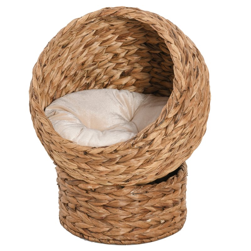 PawHut Wicker Cat House, Raised Cat Bed with Cylindrical Base, Soft Washable Cushion, Woven Water Hyacinth Cat Basket for Indoor and Outdoor, 42 x 33 x 52 cm - Brown