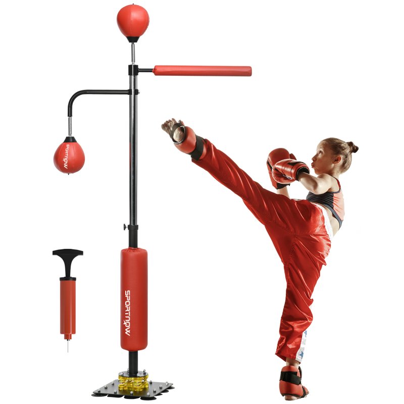 SPORTNOW 140-205cm Inflatable Boxing Bag with Reaction Bar Challenge, Freestanding Punching Bag Training Equipment, with Suction Cups, Speed Punching Bag, MMA Equipment, Red
