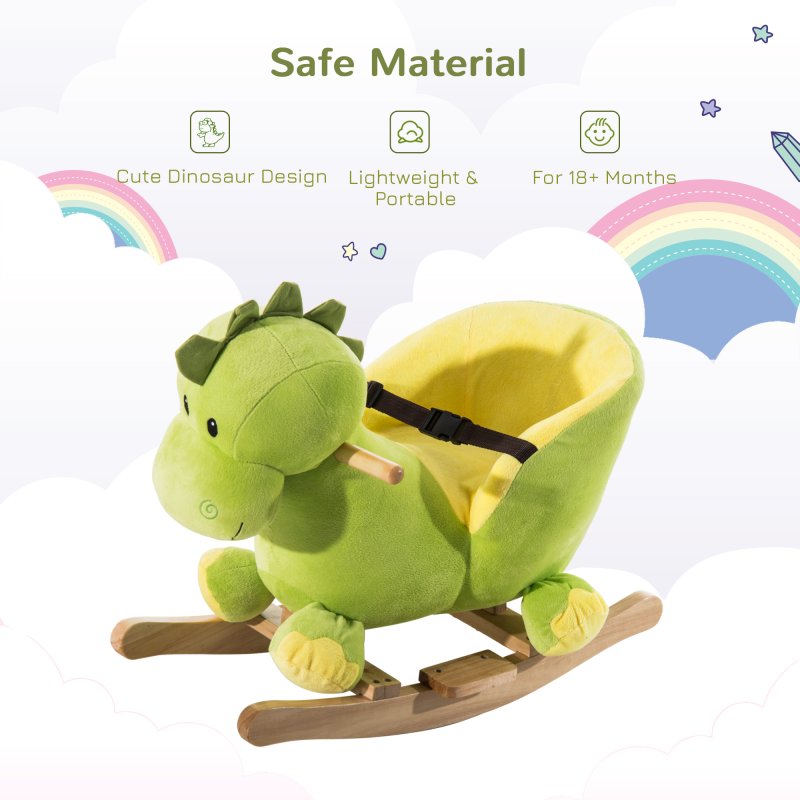 HOMCOM Kids Rocking Horse, Plush Ride-On Dinosaur Seat w/ Safety Belt, 32 Songs, Ride-On Horses Toy, for Ages 18+ Months - Green