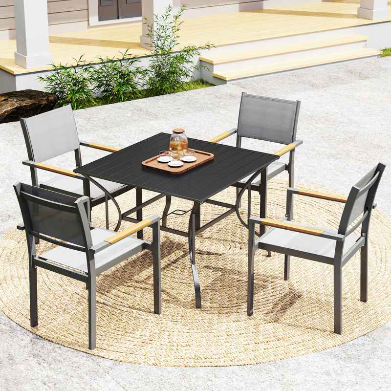 Outsunny 94 x 94 cm Garden Dining Table with Parasol Hole, Square Patio Table with Slatted Metal Plate Top, Black