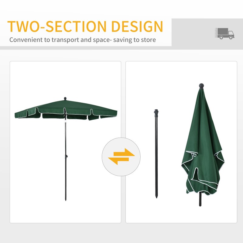 Outsunny 2 x 1.3m Garden Parasol Umbrella, Outdoor Market Table Umbrella with Ruffles & Aluminium Pole, Rectangular Tilting Parasol Sun Shade Canopy, Green