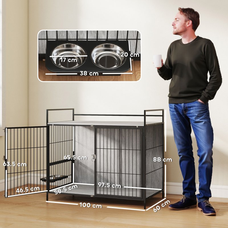PawHut Dog Crate Furniture with 2 Rotatable Bowls, Dog Crate End Table with 2 Anti-Escape Doors, Storage Shelf, for Large Dogs, 100 x 60 x 88 cm, Grey