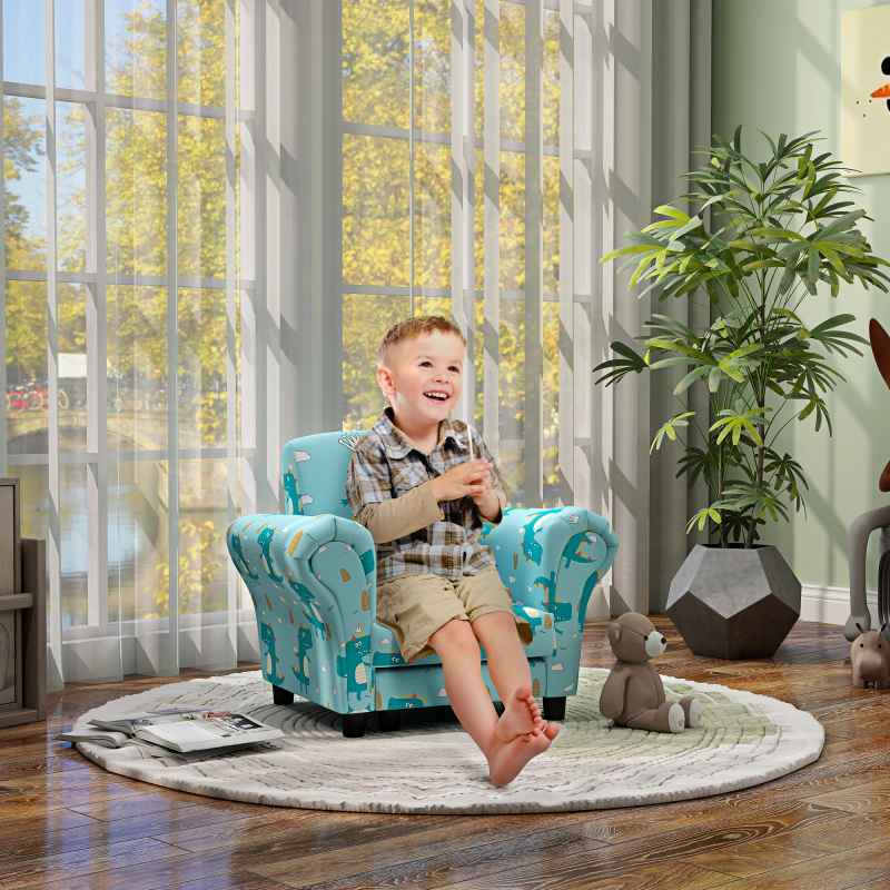 AIYAPLAY Kids Armchair with Stool, 2 Piece Kids Sofa Set with Dinosaur Design, Wooden Frame, Upholstered Kids Chair for Bedroom, Playroom, Kid Room, for 1.5-3 Years Old, Blue