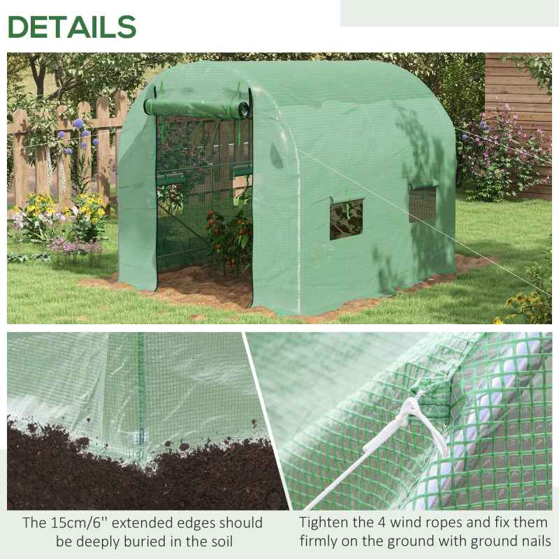 Outsunny 2.5 x 2m Walk-In Polytunnel Greenhouse, with Steel Frame, PE Cover, Roll-Up Door and 4 Windows, Green