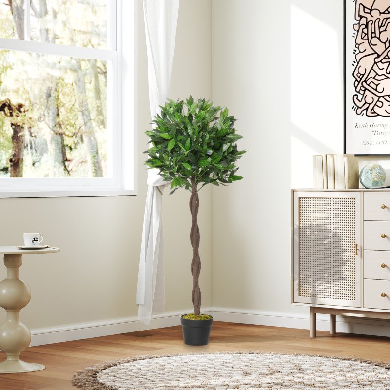 Outsunny Artificial Bay Laurel Topiary Trees w/ Pot Fake, Set Of 2 120cm/4FT Indoor Outdoor Greenery Plant Home Office Garden Decor Green