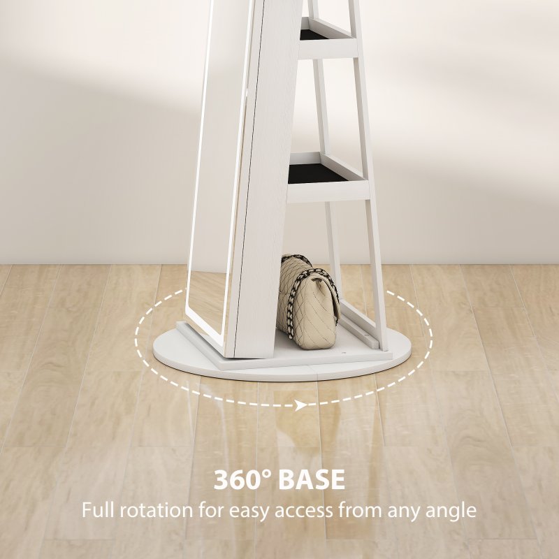 HOMCOM 360 Swivel Mirror Jewellery Cabinet with 3 Colour LED Lights, Lockable Jewellery Organiser, Free Standing Full Length Mirror with Storage for Earrings, Necklaces, Rings and Lipsticks, White