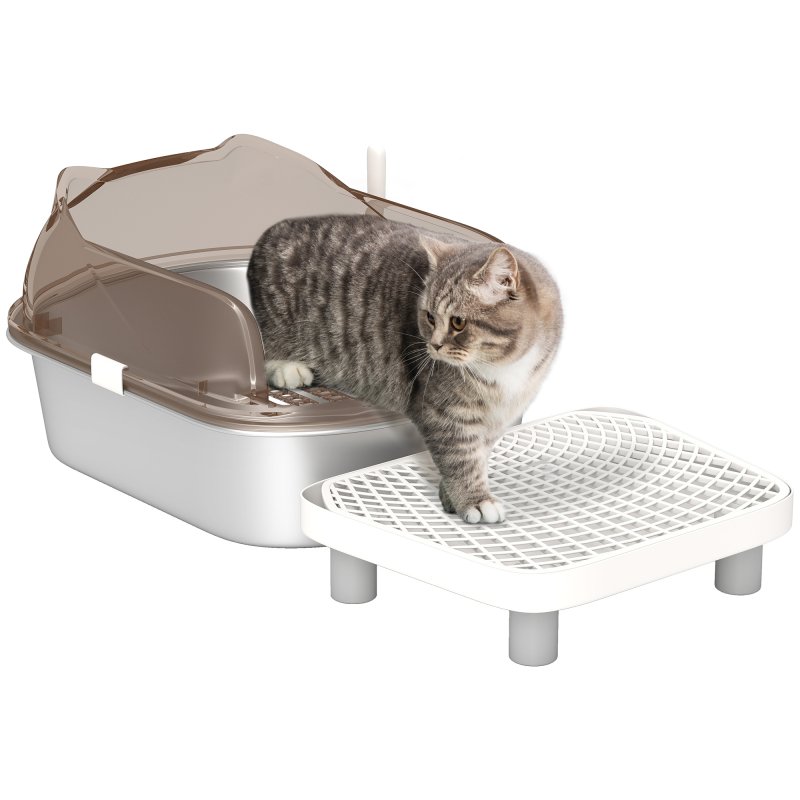 PawHut Stainless Steel Litter Box with Lid, Metal Cat Litter Tray for Big Cats with High Wall Sided Enclosure, Pedal, Scoop, Non-Sticky, Anti-Leakage, Easy Cleaning