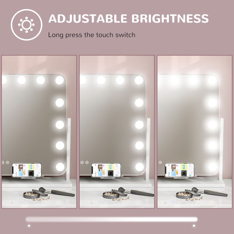 HOMCOM Hollywood Vanity Mirror with Lights, Large 63x50 cm Lighted Makeup Mirror with 3 Colour, 14 LED Bulbs, 10X Magnifying, USB Charging Port, Phone Holder, 360?? Rotation, Touch Screen