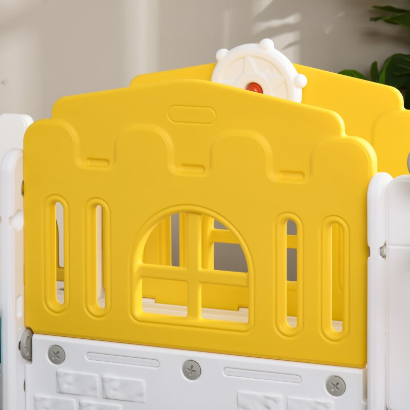 AIYAPLAY Kids Slide, 7 in 1 Toddler Slide for Indoor Use, with Basketball Hoop, Climber, Telescope, Tunnel, Steering Wheel, platform Aisle, Storage Basket, for Ages 1-3 Years, Yellow