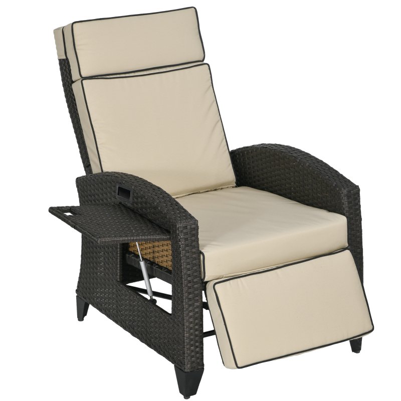 Outsunny Garden Recliner with Cushion, PE Wicker Outdoor Recliner Chair with Adjustable Backrest & Footrest, Rattan Recliner Chair with Armrests and Side Tray for Balcony, Porch, Khaki/Brown
