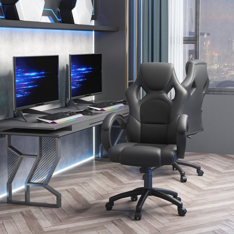 Vinsetto Gaming Chair Faux Leather Swivel Computer Racing Gamer Desk Chair for Home Office with Wheels, Black