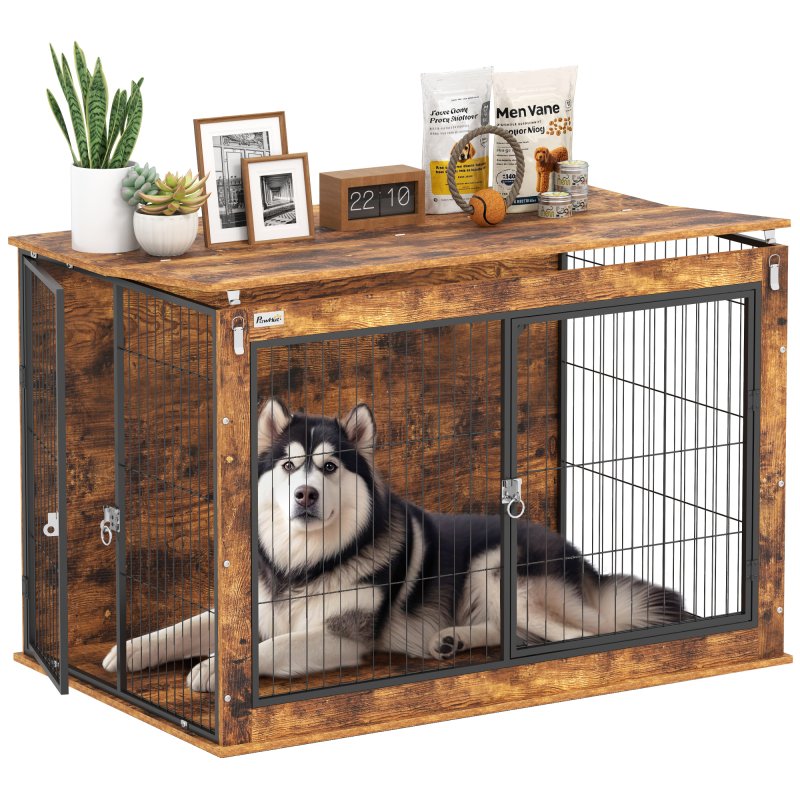 PawHut Dog Crate Furniture, Dog Cage End Table with Openable Top, Two Lockable Doors, for Extra Large Pets, 118 x 75 x 77cm, Rustic Brown