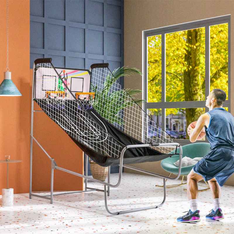 SPORTNOW Double-Shot Basketball Arcade Game, Foldable Indoor Basketball Game with 8 Modes, Electronic Scoreboard, Sound Effects, 4 Basketballs