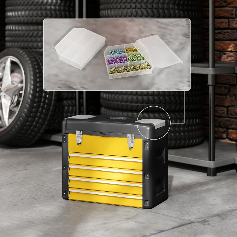 HOMCOM 4 Drawers Large Tool Box, Powder Coated Steel Toolbox with Top Tray, Mini Parts Boxes, Ball Bearing Runners, Handle, Heavy Duty Tool Chest for Workshop, Garage, 497mm x 253mm x 407mm, Yellow