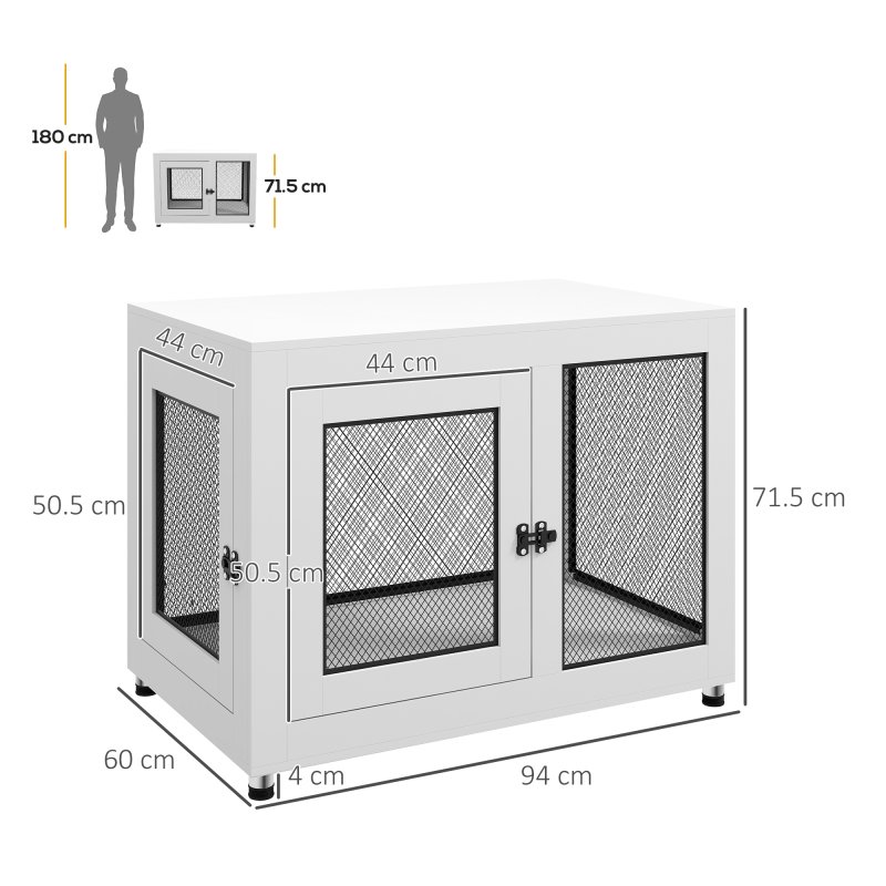 PawHut Dog Crate Furniture End Table w/ Soft Washable Cushion, Two Doors, Indoor Pet Kennel for Small Medium Large Dogs w/ Wire Mesh, White