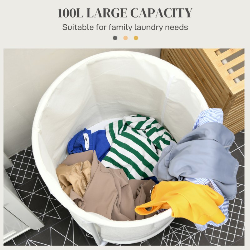 HOMCOM 100L Rolling Laundry Basket on Wheels, 50cm Round Laundry Hamper with Removable Bag and Steel Frame for Bedroom, Bathroom, Laundry Room, Cream White