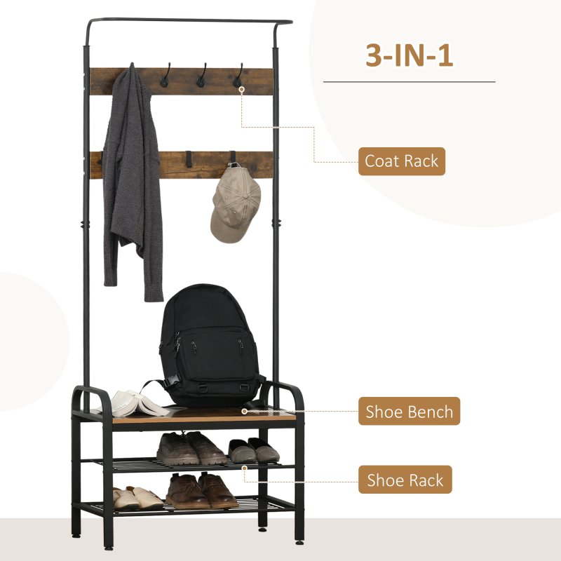 HOMCOM Coat Rack Stand Industrial hallway Shoe Rack Removable Hooks Metal Wood Hangers Storage Cabinet Rustic Brown 72LX34WX185H(cm)