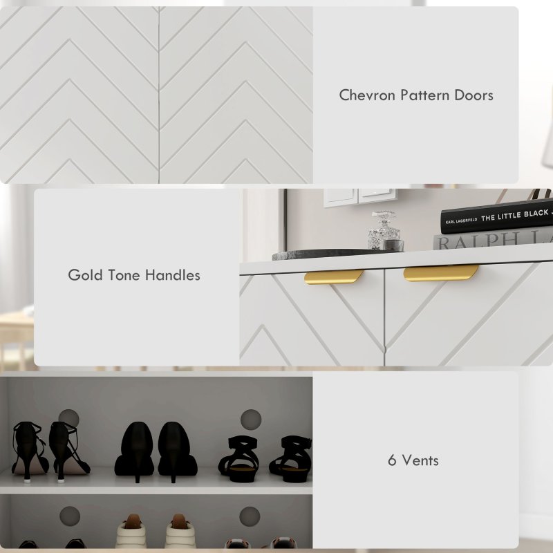 HOMCOM Shoe Cabinet, 12 Pairs Shoe Storage Cabinet with 2 Chevron Doors, Adjustable Shelf, Open Shelf and 6 Vents for Entryway, Hallway, White