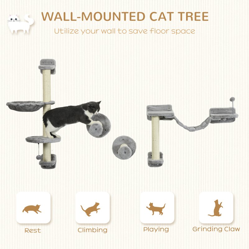 PawHut 4Pcs Wall Mounted Cat Shelves, with Hammock, Perches, Ladder, Scratching Post, Cat Wall Furniture for Large Cats, Grey