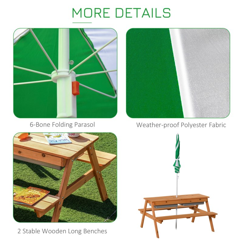 Outsunny Kids Picnic Table, Wooden Sand and Water Table with Benches, Adjustable Parasol, Storage Bins, Outdoor Garden Furniture for Kids 3-6 Years, Brown