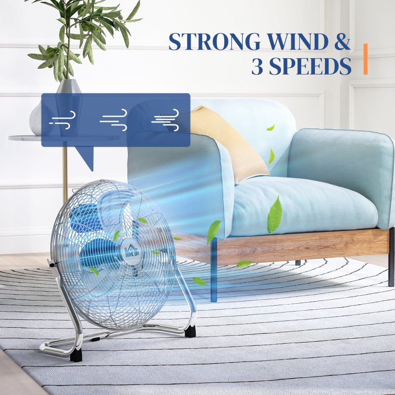 HOMCOM 16 Inches Chrome Metal Floor Fan, High Velocity 3-Speed Home Gym with Adjustable Head, Portable Desk & Table Fan Air Circulator for Home Office, Powerful Airflow, Quiet Operation