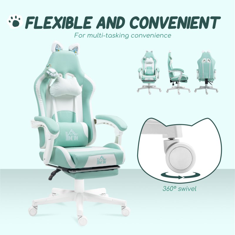 HOMCOM Gaming Chair for Adults with Cat Ears, Faux Leather Reclining Computer Chair with Footrest, Lumbar Support and Headrest, Height Adjustable Swivel Seat, Light Blue