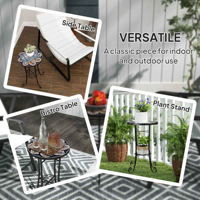 Outsunny Mosaic Garden Table, 35.5 cm Round Outdoor Table with Shelf, Ceramic Tile Top, Small Garden Side Table Bistro Table End Table Plant Stand for Indoor, Patio, Balcony, Orange