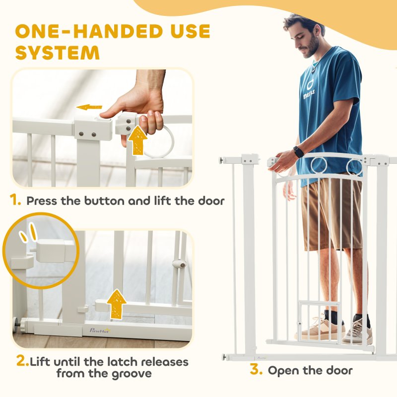 PawHut Dog Stair Gate 106cm Extra Tall Height, 76-104cm Adjustable Width Pressure Fit Safety Gate With Cat Door, 7cm and 14cm Extensions for Stairs, Doorways, Easy Installation, White