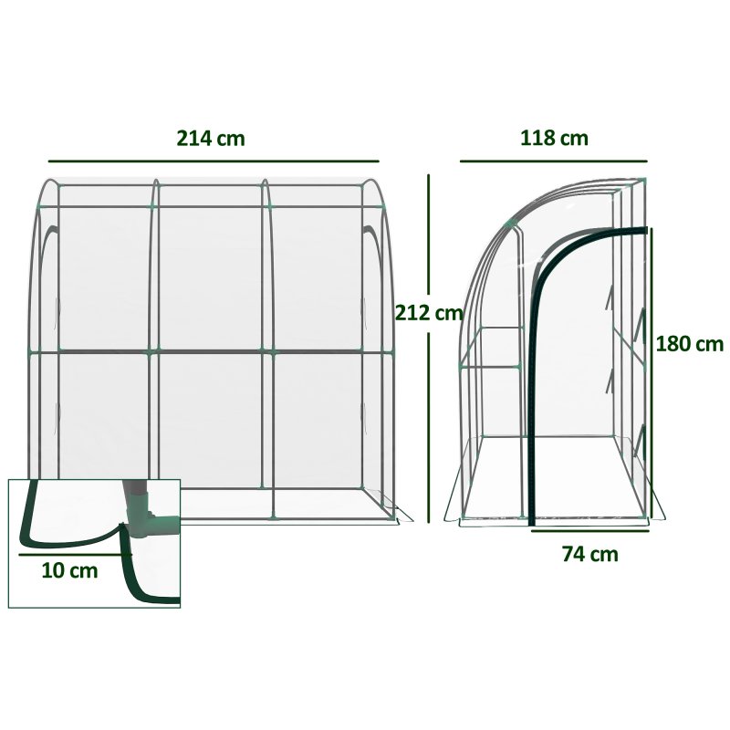 Outsunny Walk-In Greenhouse with Zipped Roll Up Doors, Lean-to Small Greenhouse with Plastic Cover and Sloping Top for Flowers, Vegetables and Herbs, 214cm x 118cm x 212cm, Clear
