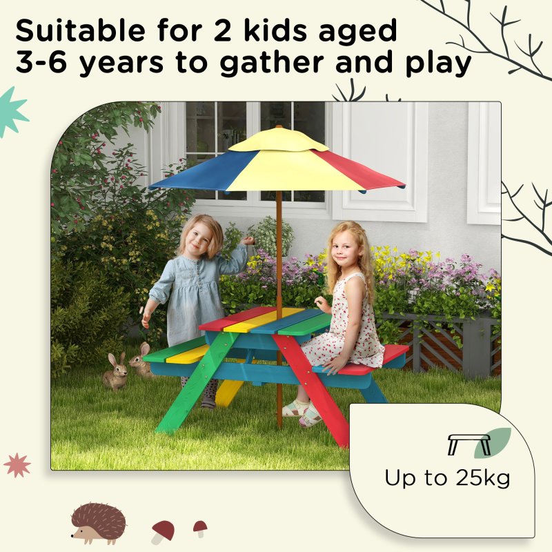 Outsunny Kids Picnic Table Wooden Garden Furniture Bench with Removable Umbrella Outdoor, for Ages 3-6 Years - Multicoloured