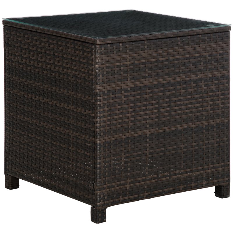 Outsunny Patio PE Rattan Side Table, Square Outdoor Coffee Table w/ Tempered Glass Top, Mixed Brown