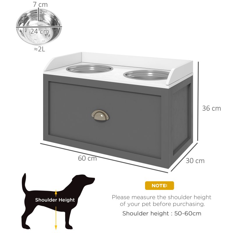 PawHut Stainless Steel Raised Dog Bowls, Double Dog Food and Water Bowl w/ 21L Storage Drawer, for Large Dogs - Grey