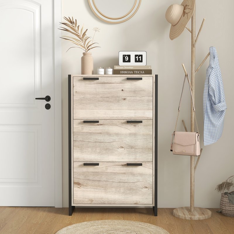 HOMCOM 3 Drawers Narrow Shoe Cabinet, 18 Pairs Shoe Storage Cupboard with 3 Flip Doors and Adjustable Shelves for Entryway, Hallway, Natural Wood-effect