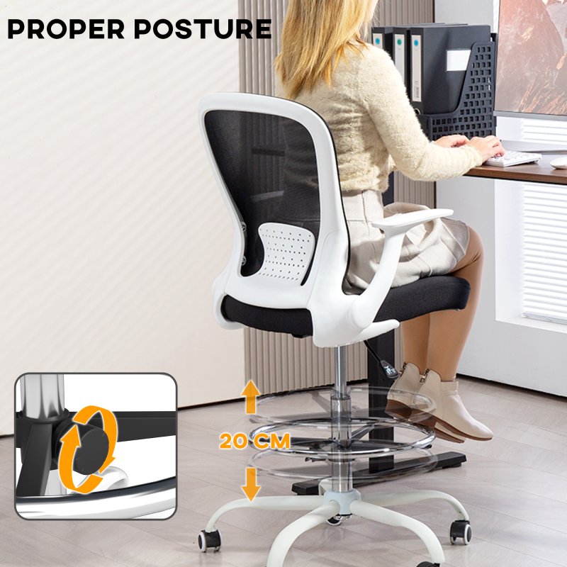 HOMCOM Drafting Chair, Swivel Draughtsman Chair, Ergonomic Office Chair, Mesh Standing Desk Chair with Flip-up Armrest, Lumbar Support, Adjustable Foot Ring, Black and White