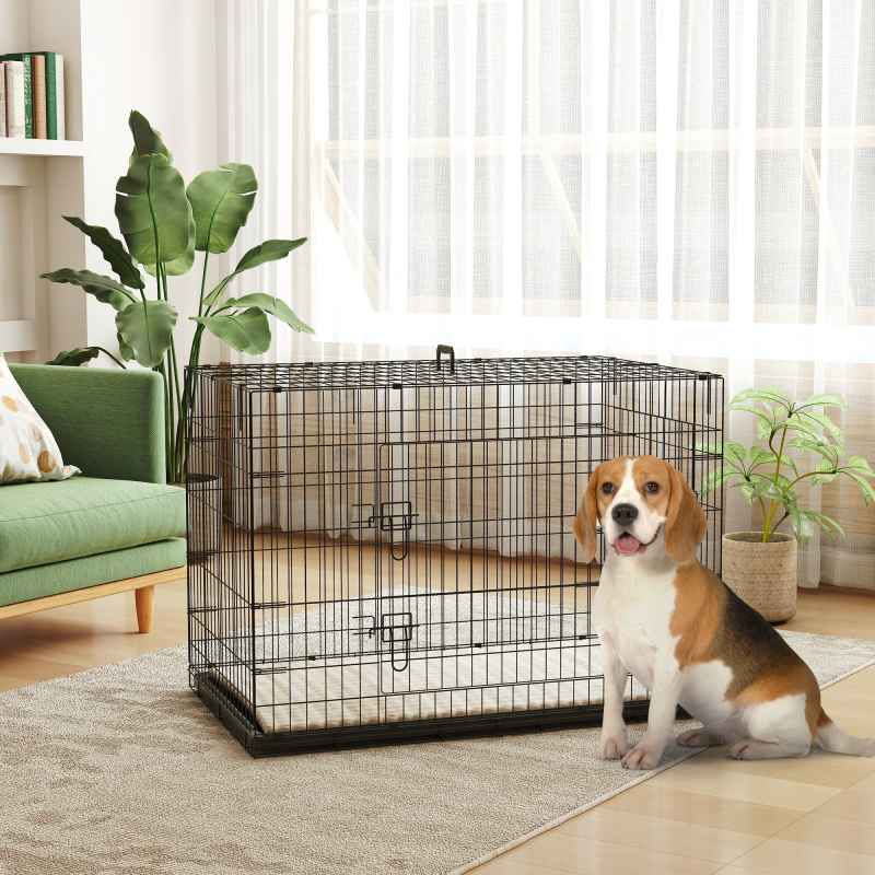 PawHut Dog Crate, Folding Metal Dog Cage with Two Doors, Tray, Soft Cushion, for Extra Large Dogs, 105 x 70 x 75 cm, Black