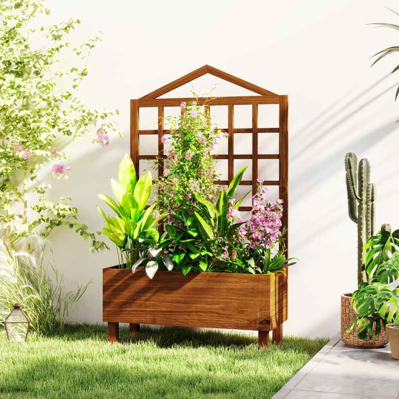 Outsunny Wooden Planters with Trellis for Vine Climbing, Raised Beds for Garden Patio, Outdoor Planter Box for Vegetables, Flowers, Herbs, Distressed Brown