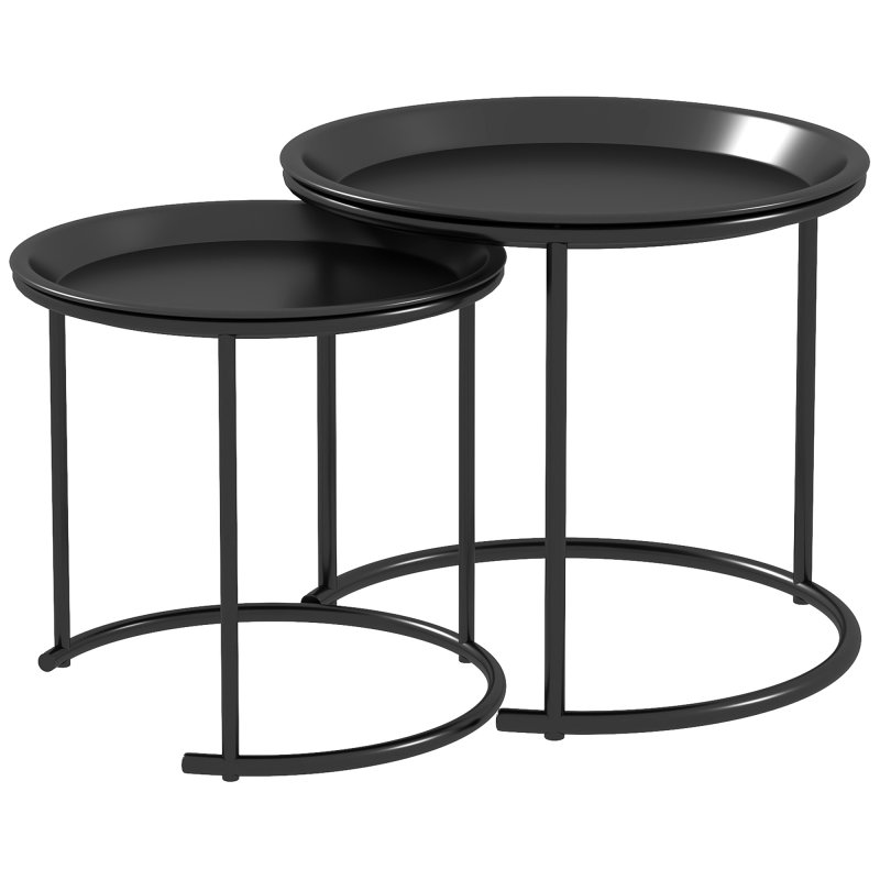 HOMCOM Nesting Tables Set of 2, Side End Table with Removable Tabletop Tray and Steel Frame for Living Room, Bedroom, Black