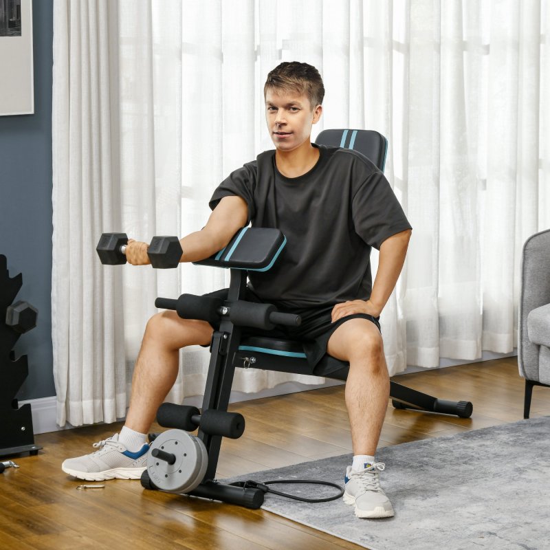 HOMCOM Foldable Weight Bench, Strength Training Sit Up Bench, Incline Decline Bench with 7-Level Backrest, Leg Extension Machine, Preacher Pad and Resistance Band for Home Gym Workout, Blue